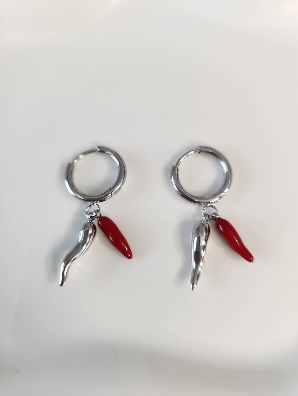 Silver Hoop Earrings with Red Chili Charms - Women Jewelry